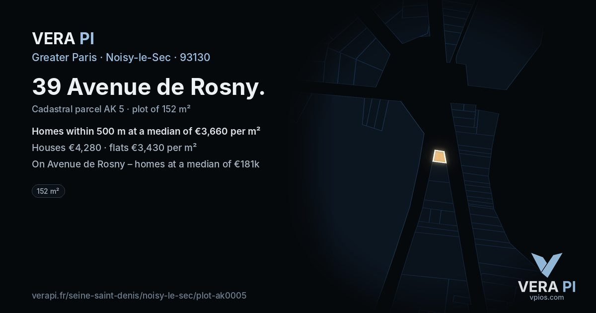39 Avenue de Rosny, Noisy-le-Sec at night – the plot lit, the parcels around coloured by the prices near them