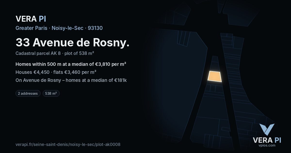 33 Avenue de Rosny, Noisy-le-Sec at night – the plot lit, the parcels around coloured by the prices near them