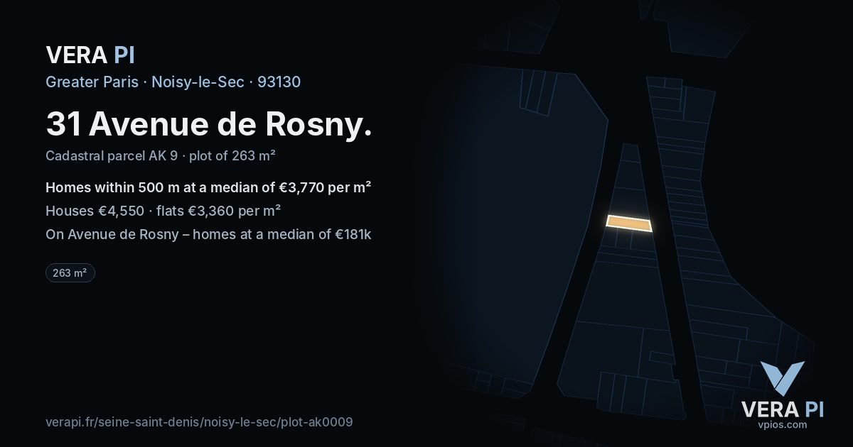 31 Avenue de Rosny, Noisy-le-Sec at night – the plot lit, the parcels around coloured by the prices near them