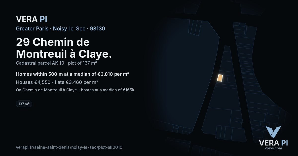 29 Chemin de Montreuil à Claye, Noisy-le-Sec at night – the plot lit, the parcels around coloured by the prices near them