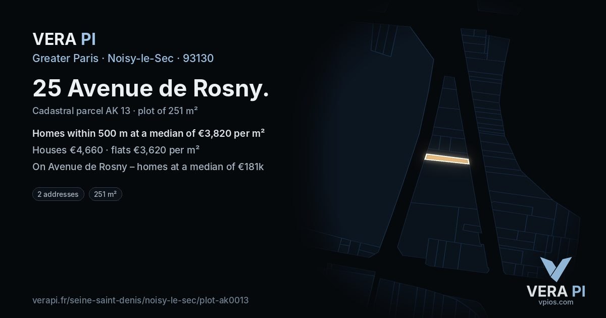 25 Avenue de Rosny, Noisy-le-Sec at night – the plot lit, the parcels around coloured by the prices near them