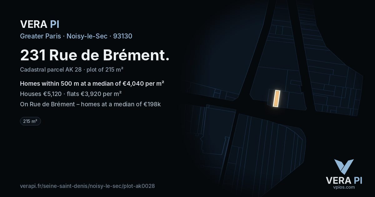 231 Rue de Brément, Noisy-le-Sec at night – the plot lit, the parcels around coloured by the prices near them