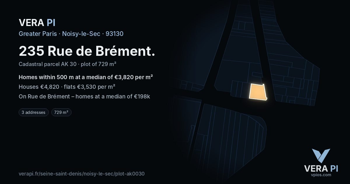 235 Rue de Brément, Noisy-le-Sec at night – the plot lit, the parcels around coloured by the prices near them