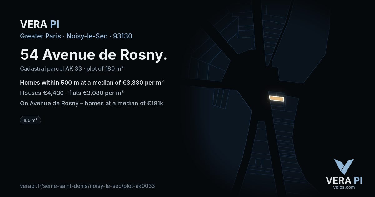 54 Avenue de Rosny, Noisy-le-Sec at night – the plot lit, the parcels around coloured by the prices near them