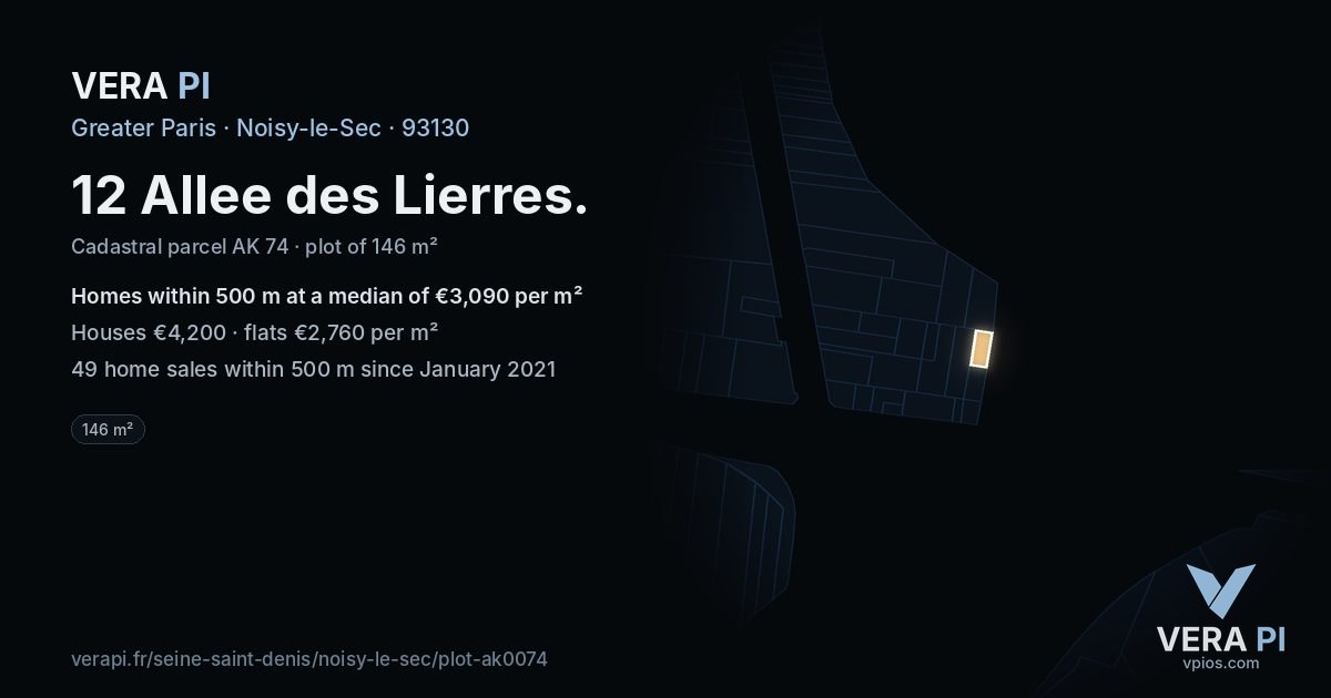 12 Allee des Lierres, Noisy-le-Sec at night – the plot lit, the parcels around coloured by the prices near them