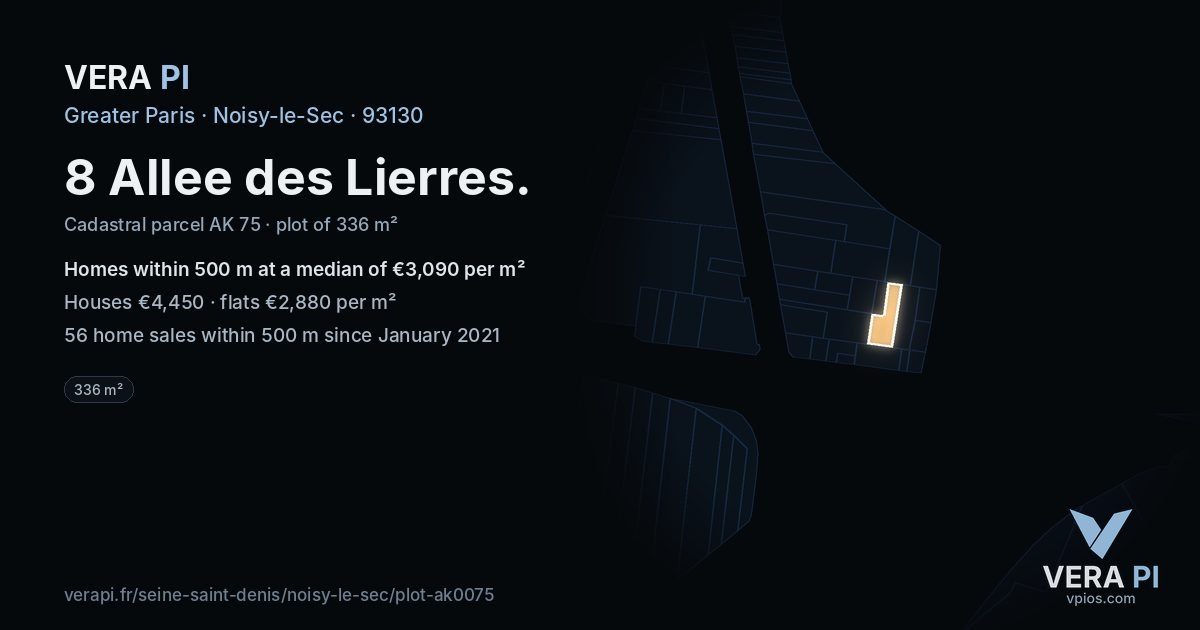 8 Allee des Lierres, Noisy-le-Sec at night – the plot lit, the parcels around coloured by the prices near them