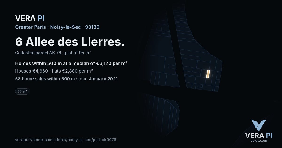 6 Allee des Lierres, Noisy-le-Sec at night – the plot lit, the parcels around coloured by the prices near them