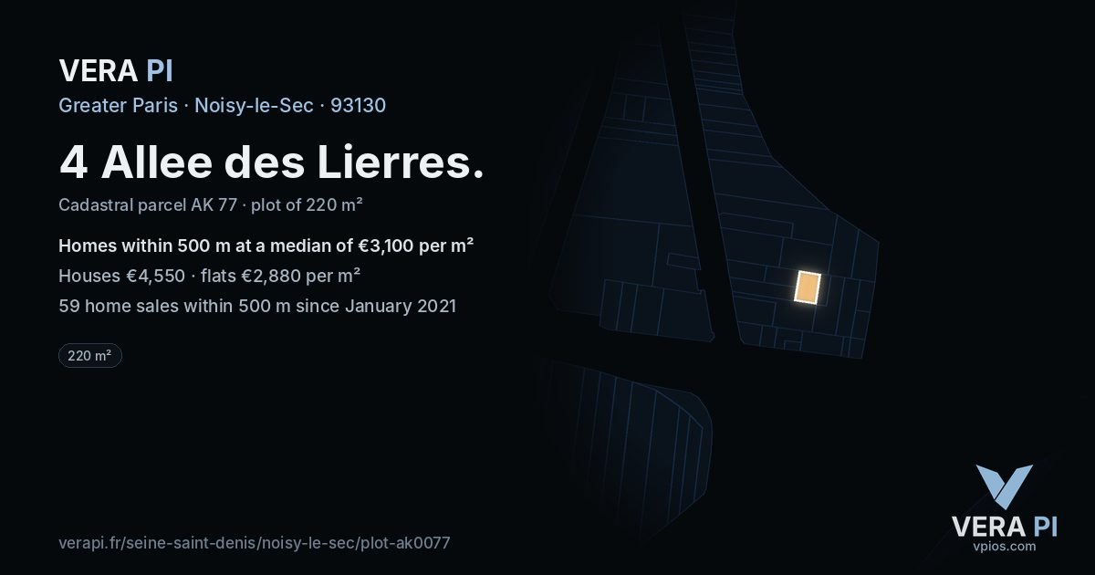 4 Allee des Lierres, Noisy-le-Sec at night – the plot lit, the parcels around coloured by the prices near them