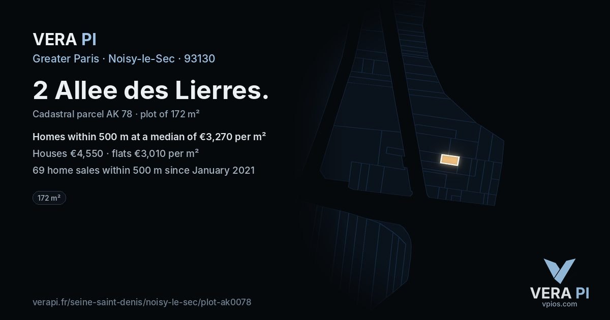 2 Allee des Lierres, Noisy-le-Sec at night – the plot lit, the parcels around coloured by the prices near them