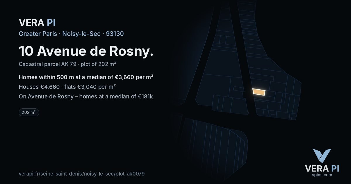 10 Avenue de Rosny, Noisy-le-Sec at night – the plot lit, the parcels around coloured by the prices near them