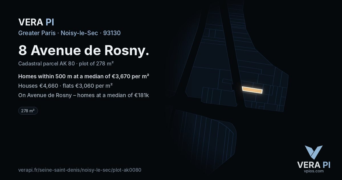 8 Avenue de Rosny, Noisy-le-Sec at night – the plot lit, the parcels around coloured by the prices near them