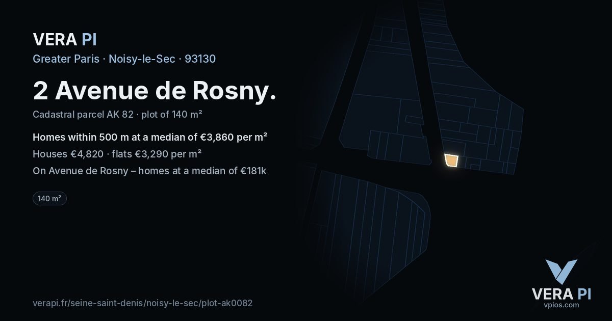2 Avenue de Rosny, Noisy-le-Sec at night – the plot lit, the parcels around coloured by the prices near them