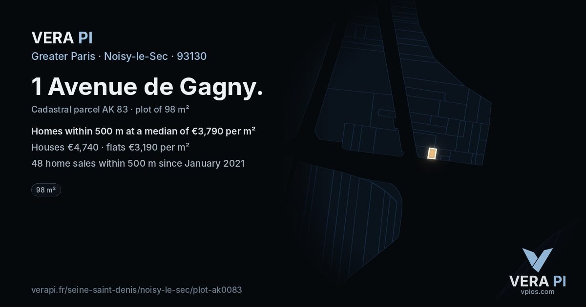 1 Avenue de Gagny, Noisy-le-Sec at night – the plot lit, the parcels around coloured by the prices near them