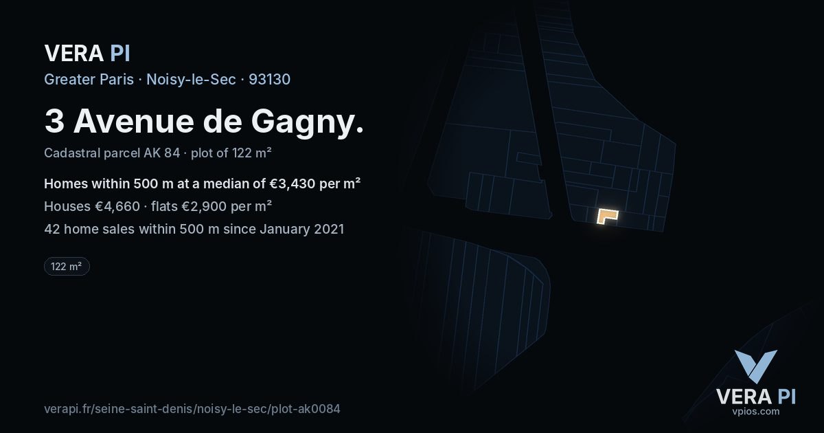 3 Avenue de Gagny, Noisy-le-Sec at night – the plot lit, the parcels around coloured by the prices near them