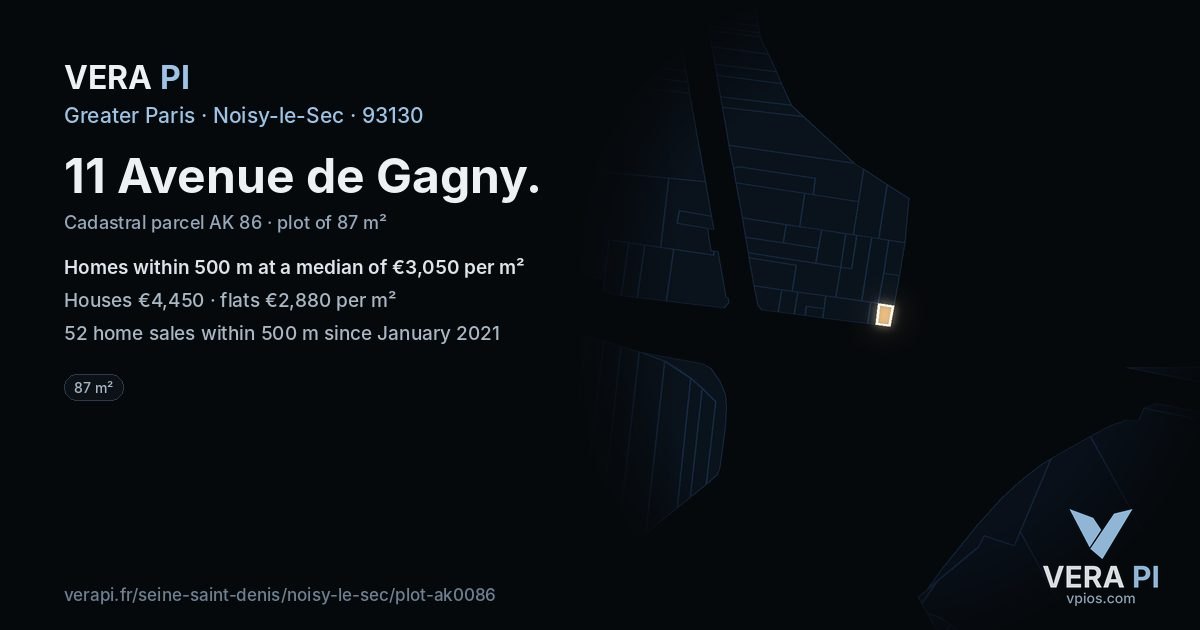 11 Avenue de Gagny, Noisy-le-Sec at night – the plot lit, the parcels around coloured by the prices near them