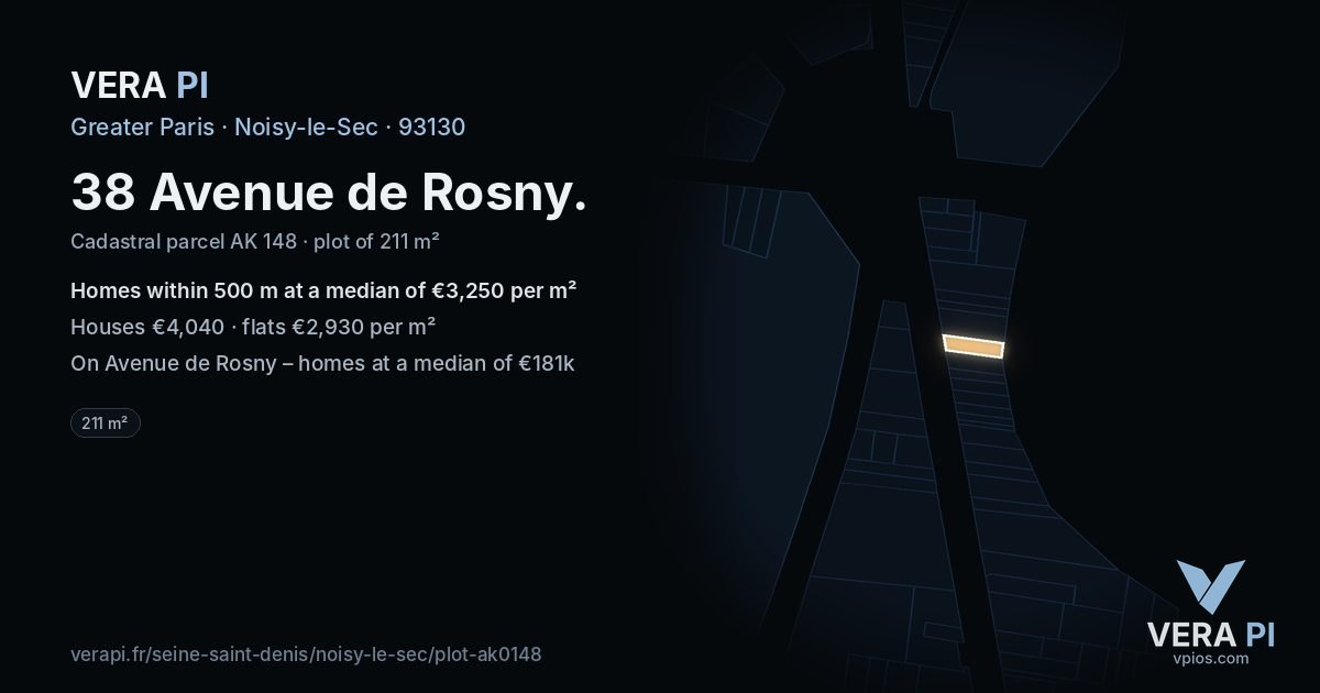 38 Avenue de Rosny, Noisy-le-Sec at night – the plot lit, the parcels around coloured by the prices near them