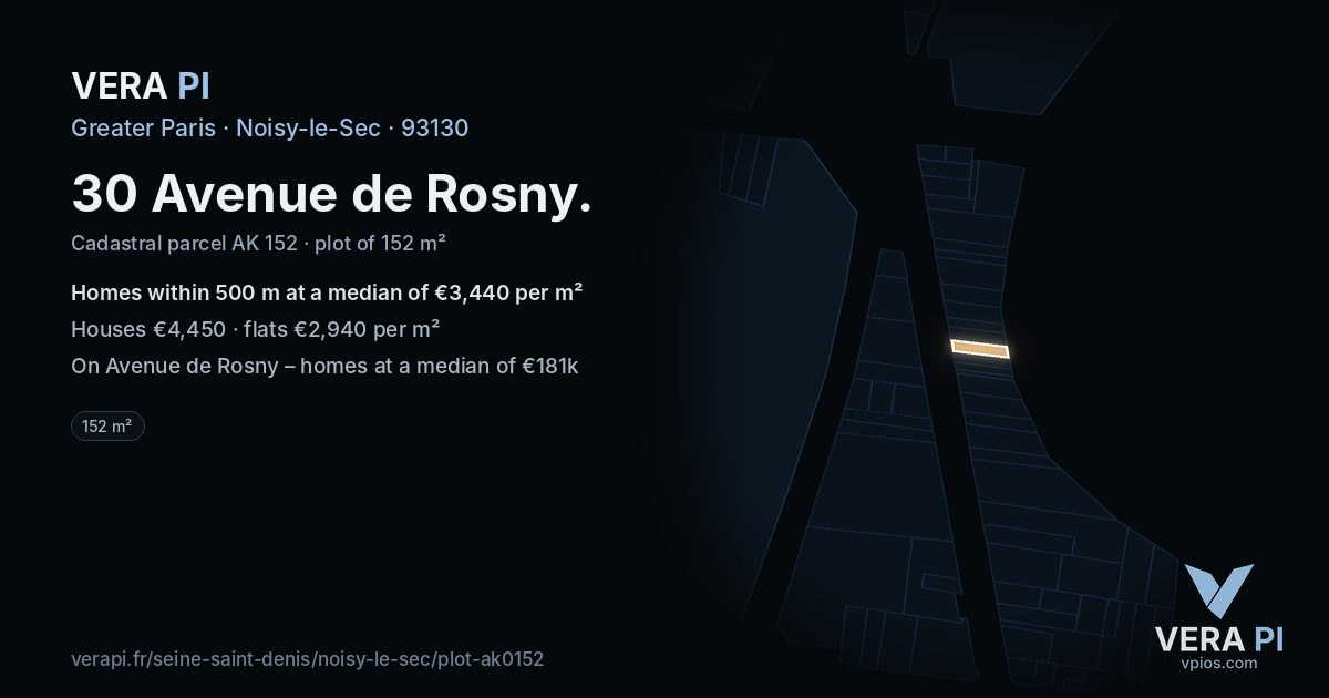30 Avenue de Rosny, Noisy-le-Sec at night – the plot lit, the parcels around coloured by the prices near them