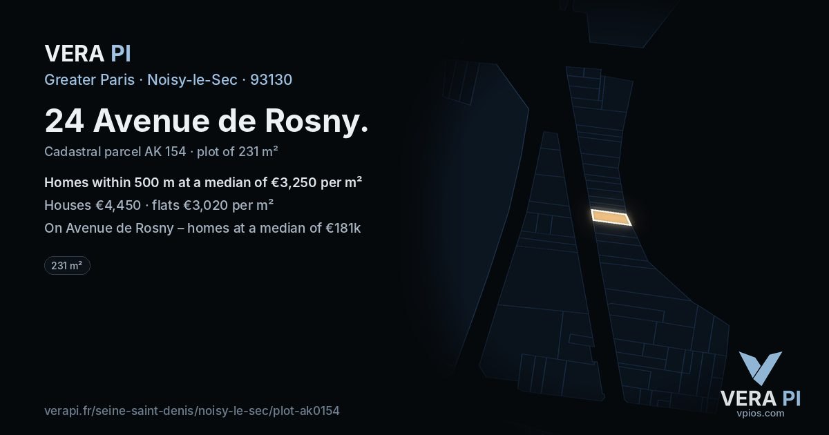 24 Avenue de Rosny, Noisy-le-Sec at night – the plot lit, the parcels around coloured by the prices near them