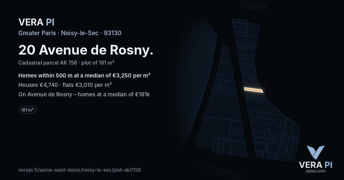 20 Avenue de Rosny, Noisy-le-Sec at night – the plot lit, the parcels around coloured by the prices near them