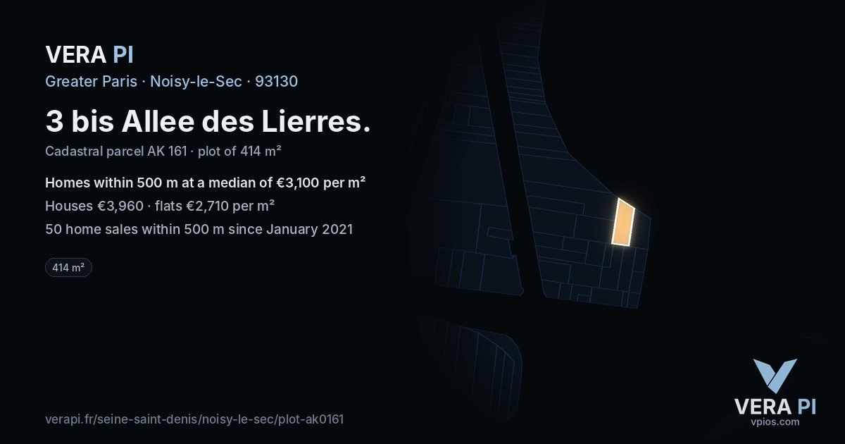 3 bis Allee des Lierres, Noisy-le-Sec at night – the plot lit, the parcels around coloured by the prices near them