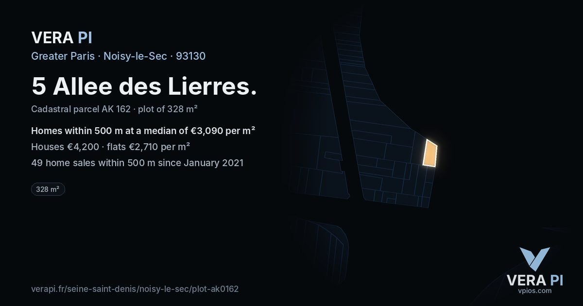5 Allee des Lierres, Noisy-le-Sec at night – the plot lit, the parcels around coloured by the prices near them