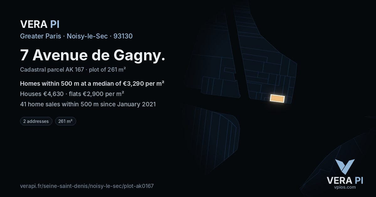7 Avenue de Gagny, Noisy-le-Sec at night – the plot lit, the parcels around coloured by the prices near them