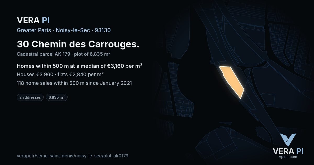 30 Chemin des Carrouges, Noisy-le-Sec at night – the plot lit, the parcels around coloured by the prices near them