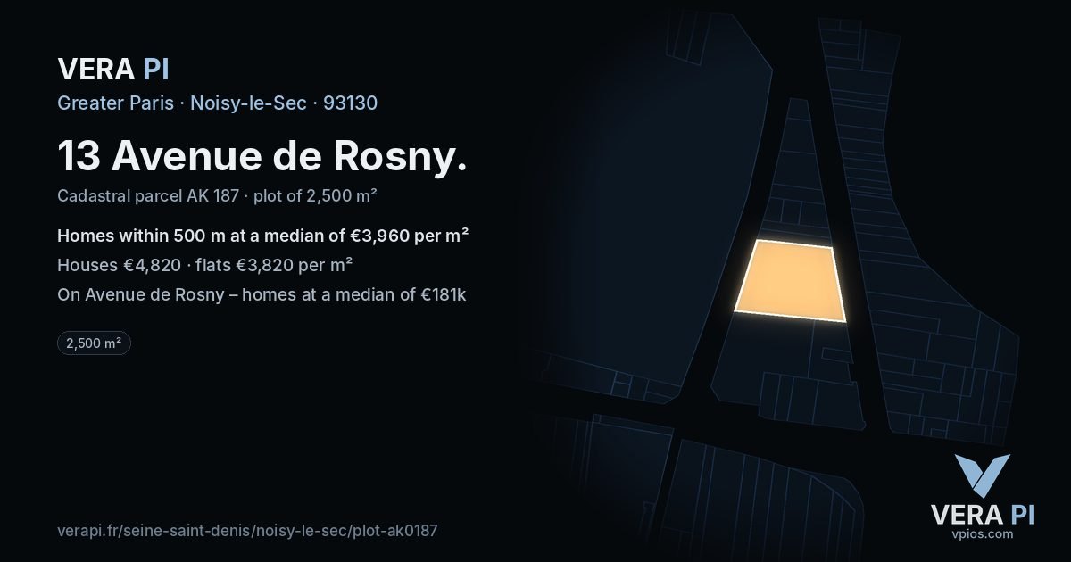 13 Avenue de Rosny, Noisy-le-Sec at night – the plot lit, the parcels around coloured by the prices near them