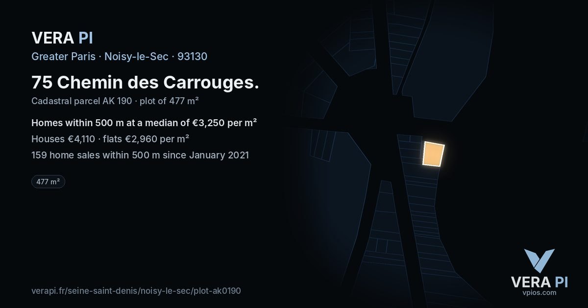 75 Chemin des Carrouges, Noisy-le-Sec at night – the plot lit, the parcels around coloured by the prices near them