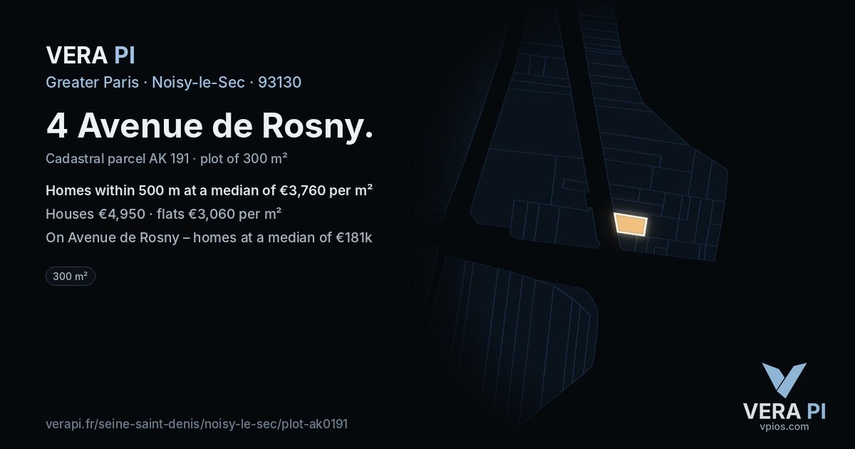 4 Avenue de Rosny, Noisy-le-Sec at night – the plot lit, the parcels around coloured by the prices near them