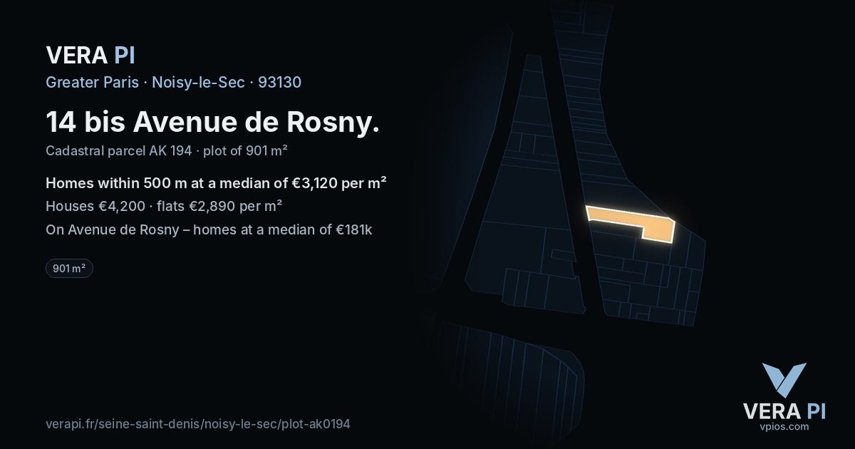 14 bis Avenue de Rosny, Noisy-le-Sec at night – the plot lit, the parcels around coloured by the prices near them