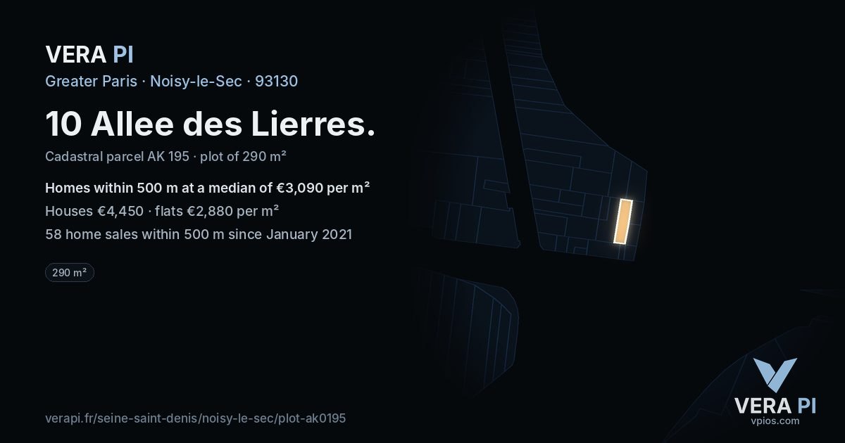 10 Allee des Lierres, Noisy-le-Sec at night – the plot lit, the parcels around coloured by the prices near them