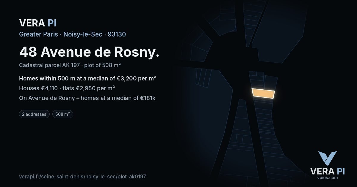 48 Avenue de Rosny, Noisy-le-Sec at night – the plot lit, the parcels around coloured by the prices near them