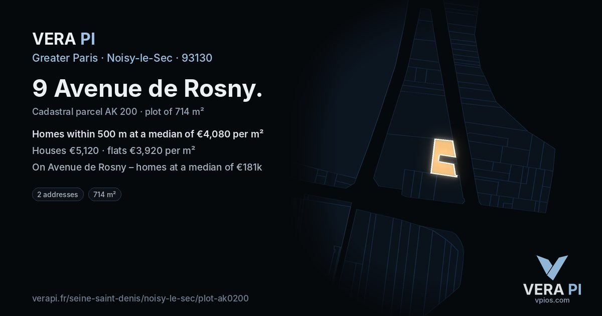 9 Avenue de Rosny, Noisy-le-Sec at night – the plot lit, the parcels around coloured by the prices near them