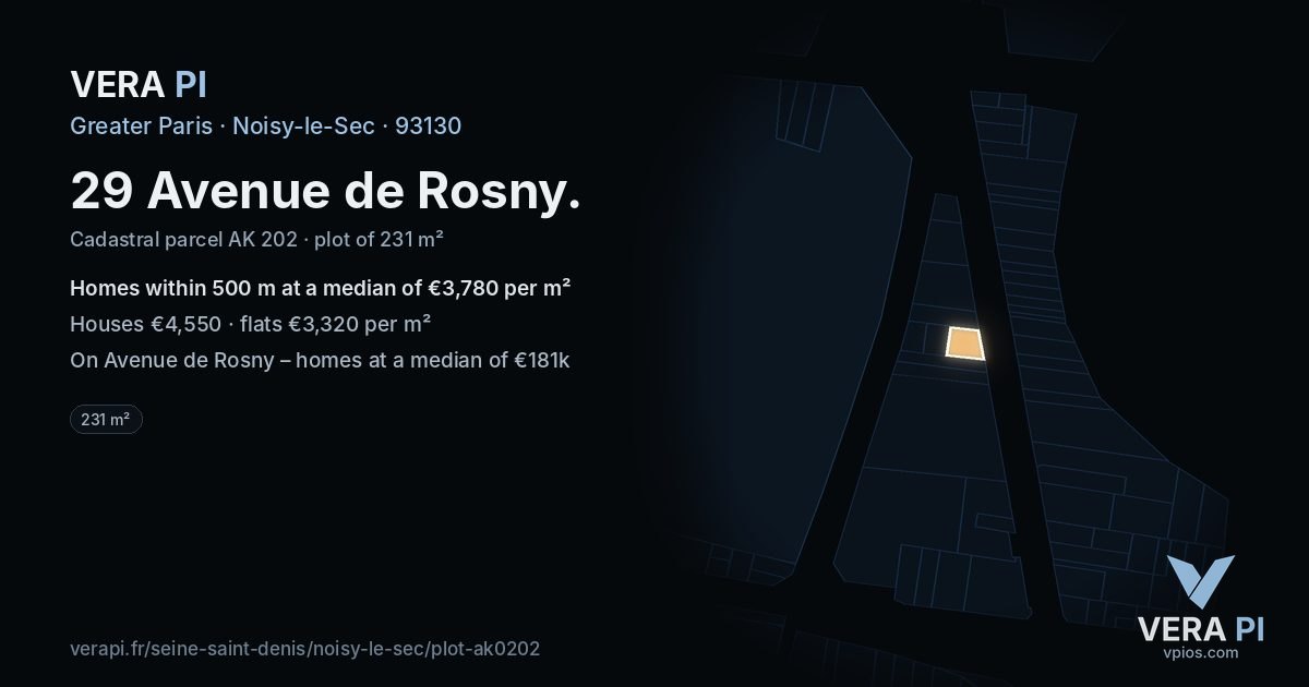 29 Avenue de Rosny, Noisy-le-Sec at night – the plot lit, the parcels around coloured by the prices near them