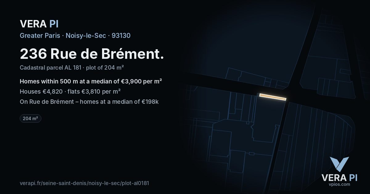 236 Rue de Brément, Noisy-le-Sec at night – the plot lit, the parcels around coloured by the prices near them