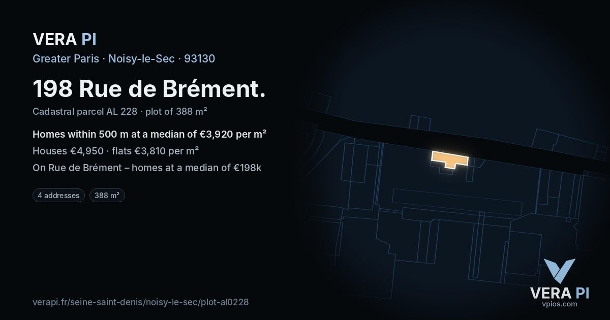 198 Rue de Brément, Noisy-le-Sec at night – the plot lit, the parcels around coloured by the prices near them