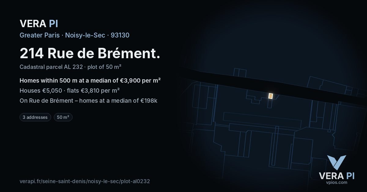 214 Rue de Brément, Noisy-le-Sec at night – the plot lit, the parcels around coloured by the prices near them