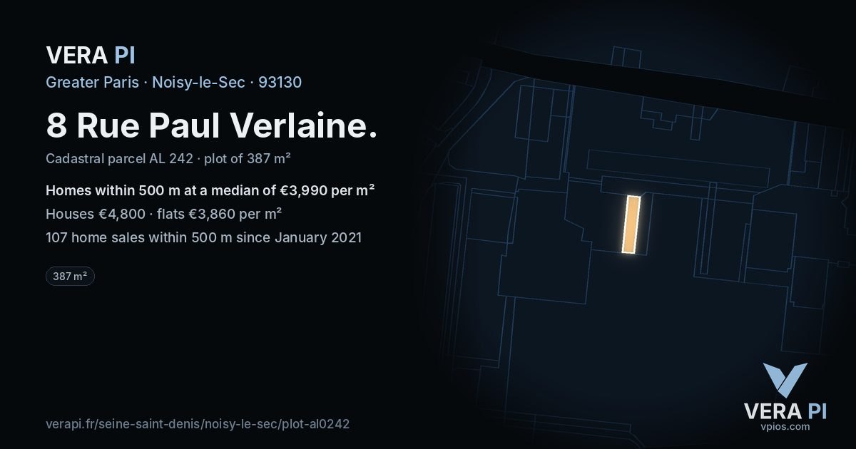 8 Rue Paul Verlaine, Noisy-le-Sec at night – the plot lit, the parcels around coloured by the prices near them