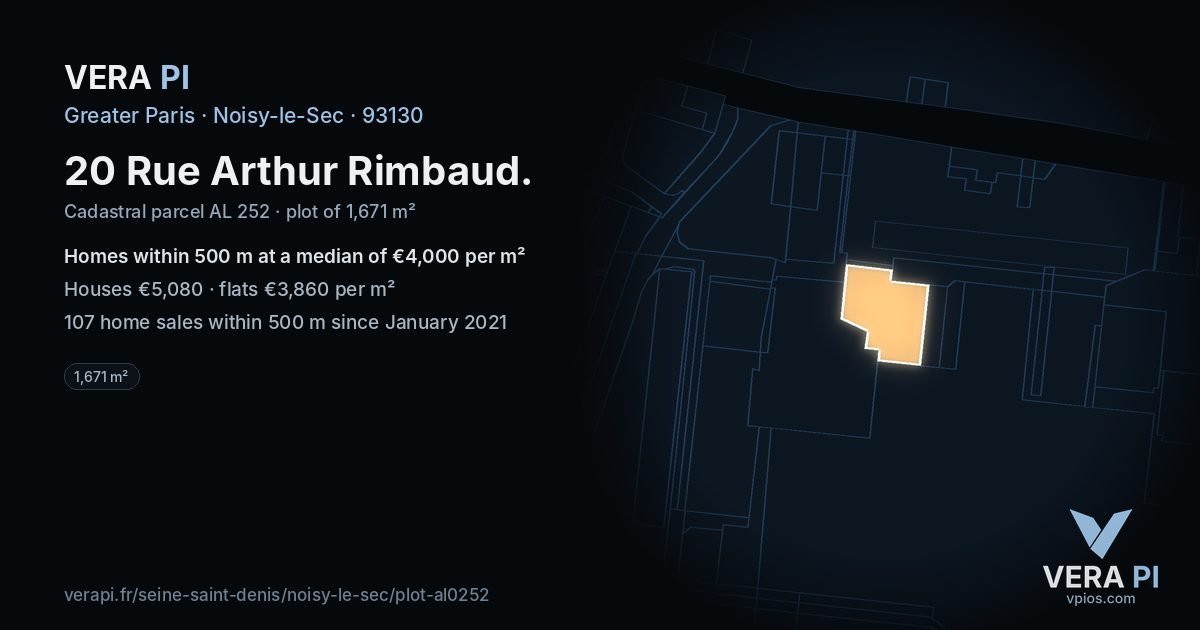 20 Rue Arthur Rimbaud, Noisy-le-Sec at night – the plot lit, the parcels around coloured by the prices near them