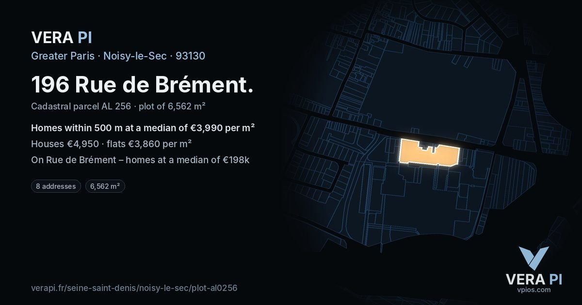 196 Rue de Brément, Noisy-le-Sec at night – the plot lit, the parcels around coloured by the prices near them