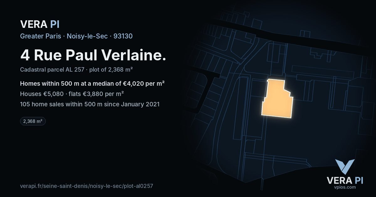 4 Rue Paul Verlaine, Noisy-le-Sec at night – the plot lit, the parcels around coloured by the prices near them