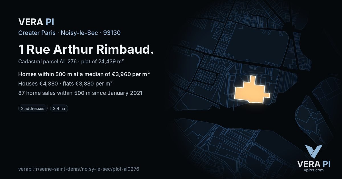 1 Rue Arthur Rimbaud, Noisy-le-Sec at night – the plot lit, the parcels around coloured by the prices near them