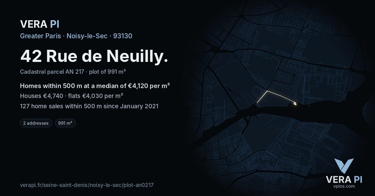 42 Rue de Neuilly, Noisy-le-Sec at night – the plot lit, the parcels around coloured by the prices near them