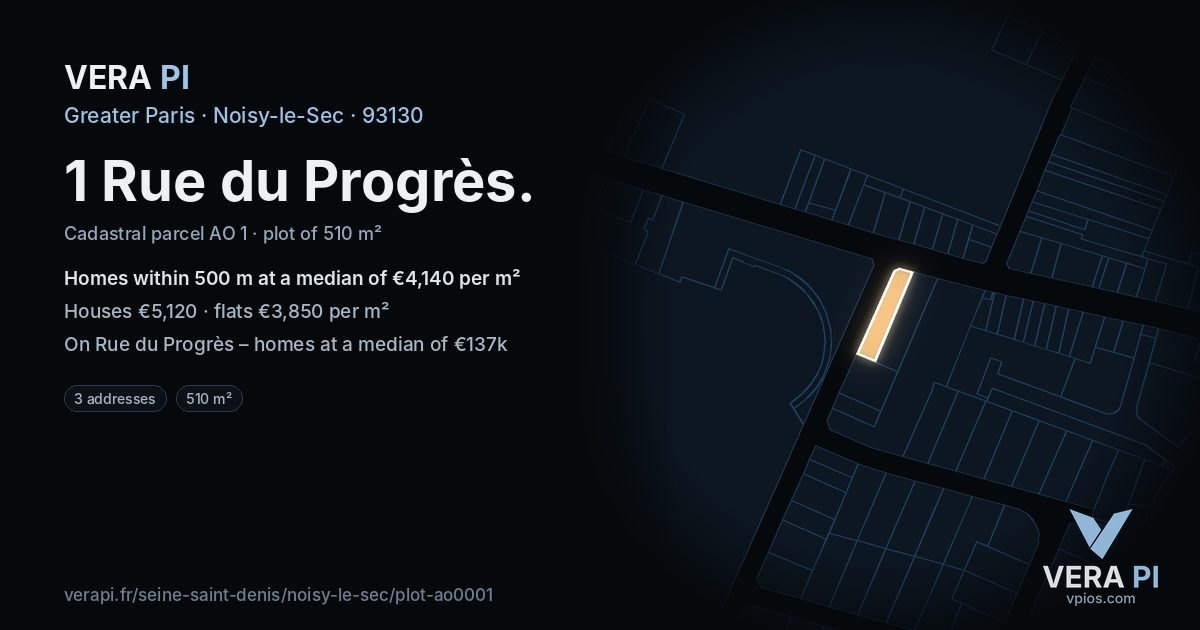 1 Rue du Progrès, Noisy-le-Sec at night – the plot lit, the parcels around coloured by the prices near them