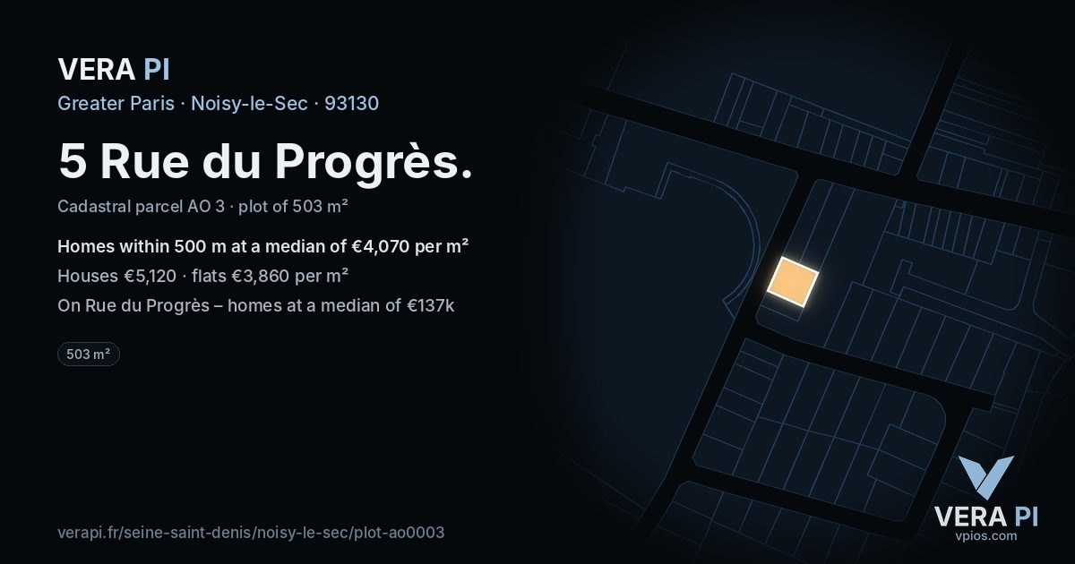 5 Rue du Progrès, Noisy-le-Sec at night – the plot lit, the parcels around coloured by the prices near them