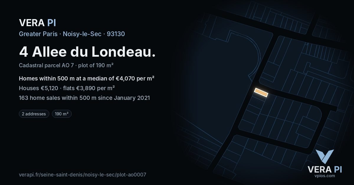 4 Allee du Londeau, Noisy-le-Sec at night – the plot lit, the parcels around coloured by the prices near them