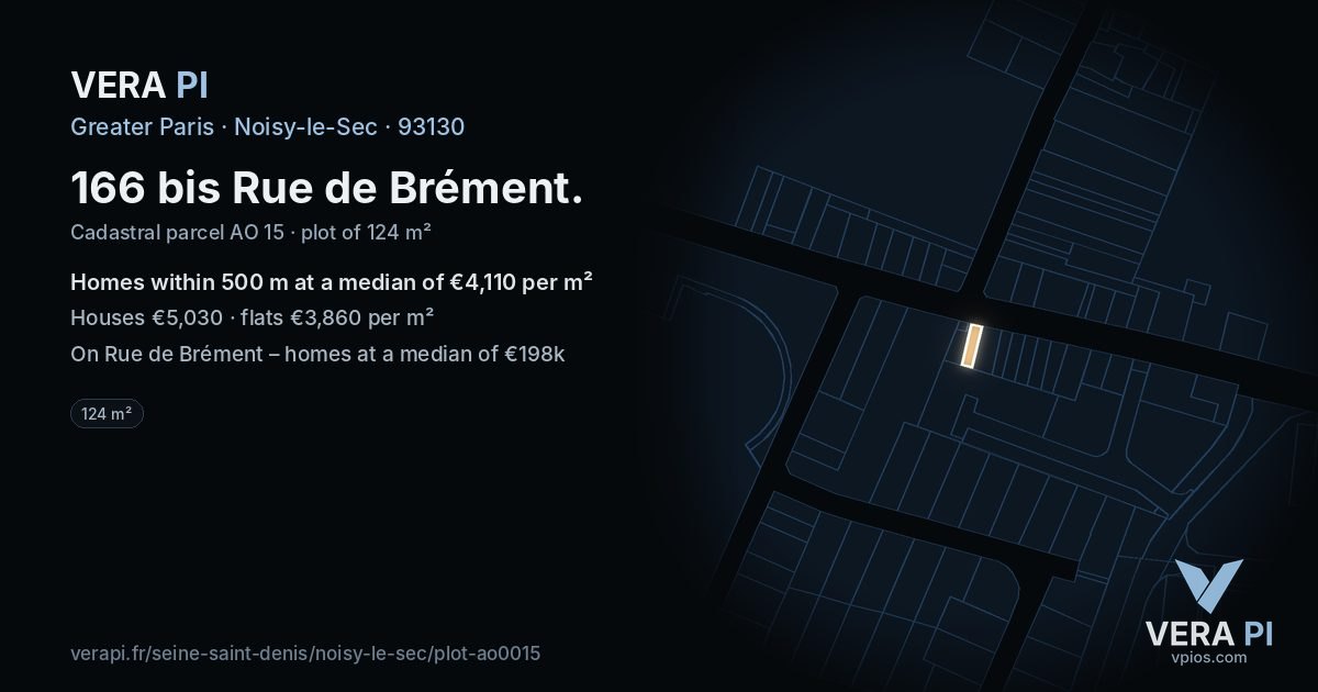 166 bis Rue de Brément, Noisy-le-Sec at night – the plot lit, the parcels around coloured by the prices near them