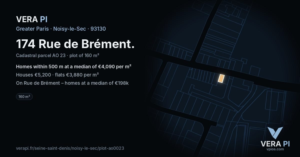 174 Rue de Brément, Noisy-le-Sec at night – the plot lit, the parcels around coloured by the prices near them
