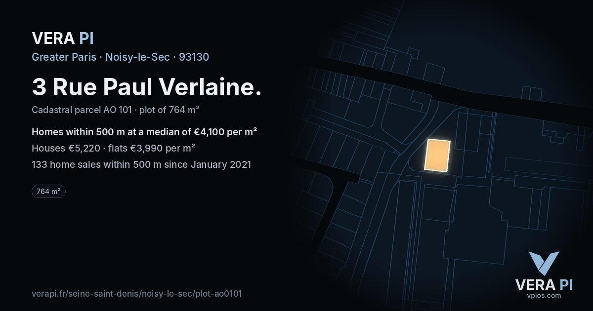 3 Rue Paul Verlaine, Noisy-le-Sec at night – the plot lit, the parcels around coloured by the prices near them